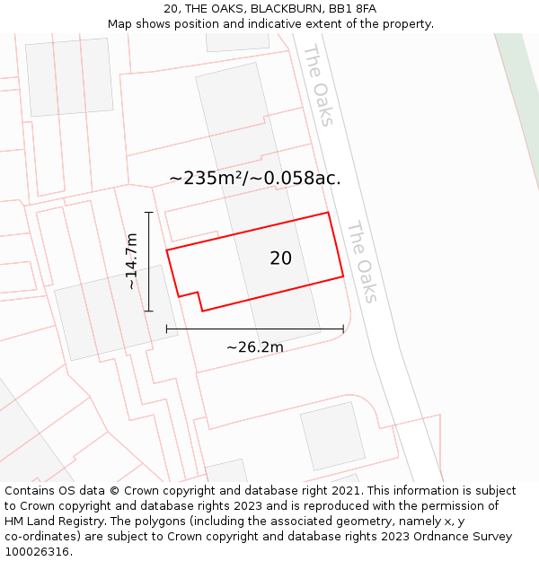 20, THE OAKS, BLACKBURN, BB1 8FA: Plot and title map