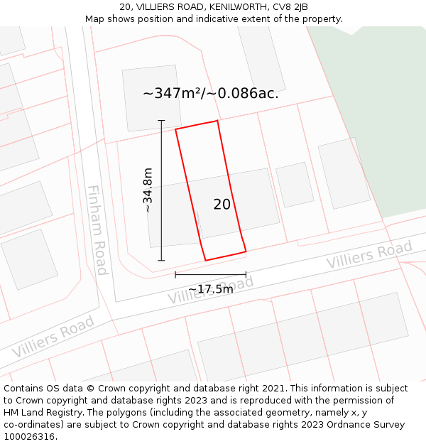 20, VILLIERS ROAD, KENILWORTH, CV8 2JB: Plot and title map