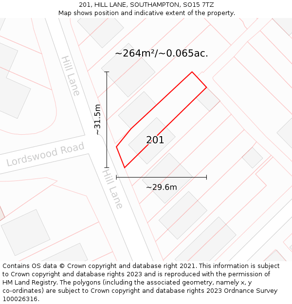 201, HILL LANE, SOUTHAMPTON, SO15 7TZ: Plot and title map