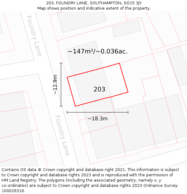 203, FOUNDRY LANE, SOUTHAMPTON, SO15 3JY: Plot and title map