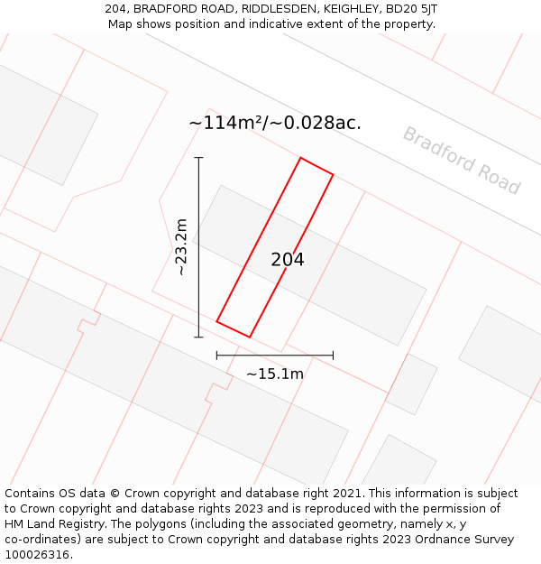 204, BRADFORD ROAD, RIDDLESDEN, KEIGHLEY, BD20 5JT: Plot and title map