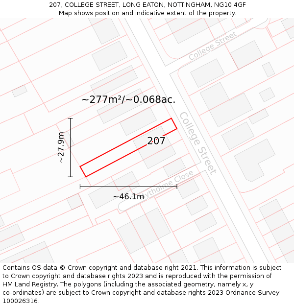 207, COLLEGE STREET, LONG EATON, NOTTINGHAM, NG10 4GF: Plot and title map