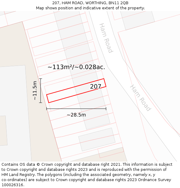 207, HAM ROAD, WORTHING, BN11 2QB: Plot and title map