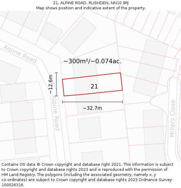 21, ALPINE ROAD, RUSHDEN, NN10 9RJ: Plot and title map