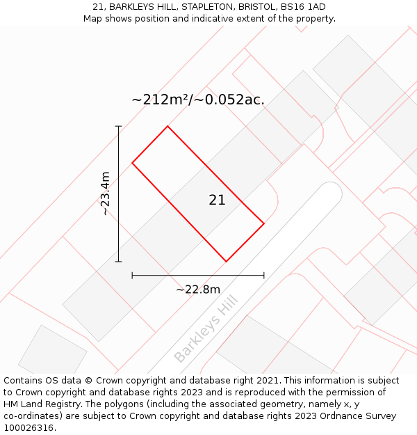 21, BARKLEYS HILL, STAPLETON, BRISTOL, BS16 1AD: Plot and title map