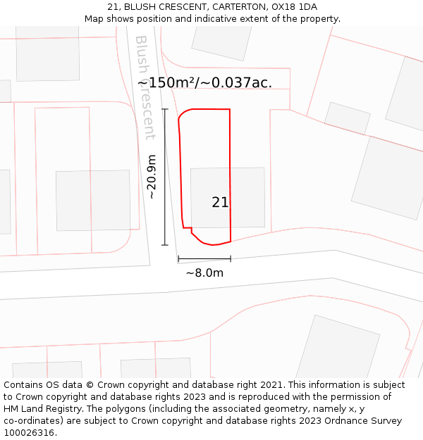21, BLUSH CRESCENT, CARTERTON, OX18 1DA: Plot and title map