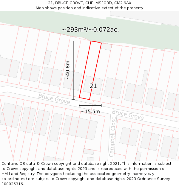 21, BRUCE GROVE, CHELMSFORD, CM2 9AX: Plot and title map