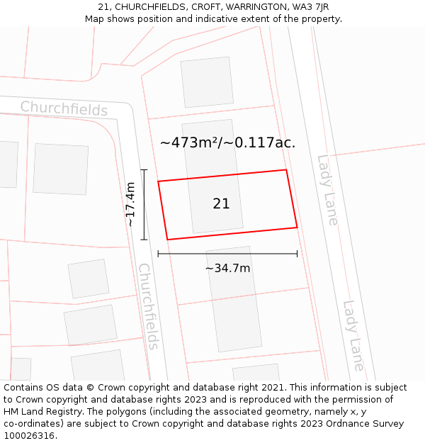 21, CHURCHFIELDS, CROFT, WARRINGTON, WA3 7JR: Plot and title map