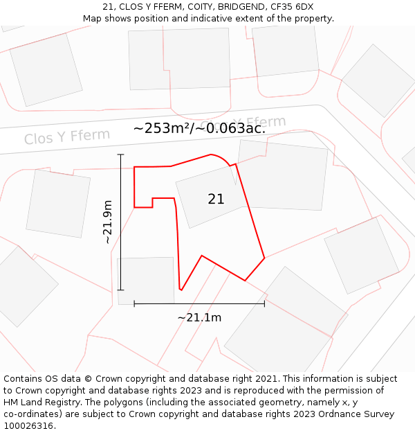 21, CLOS Y FFERM, COITY, BRIDGEND, CF35 6DX: Plot and title map