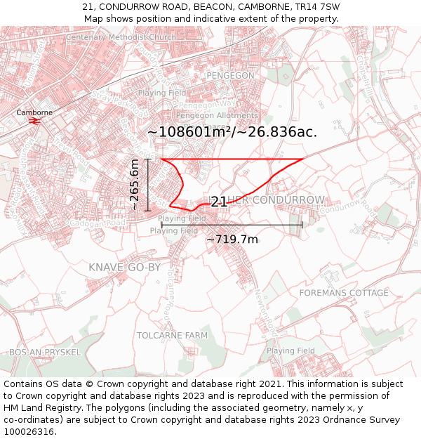 21, CONDURROW ROAD, BEACON, CAMBORNE, TR14 7SW: Plot and title map