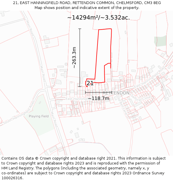 21, EAST HANNINGFIELD ROAD, RETTENDON COMMON, CHELMSFORD, CM3 8EG: Plot and title map