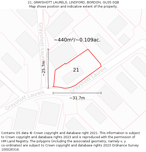 21, GRAYSHOTT LAURELS, LINDFORD, BORDON, GU35 0QB: Plot and title map