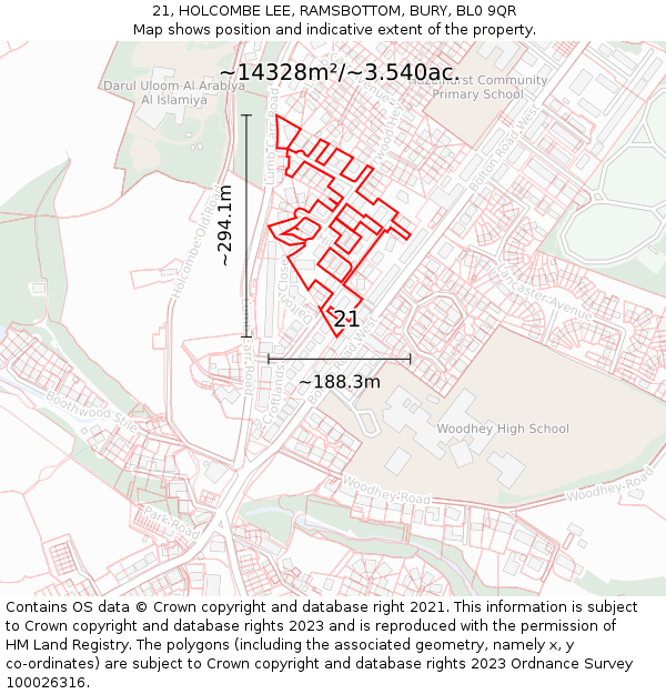 21, HOLCOMBE LEE, RAMSBOTTOM, BURY, BL0 9QR: Plot and title map