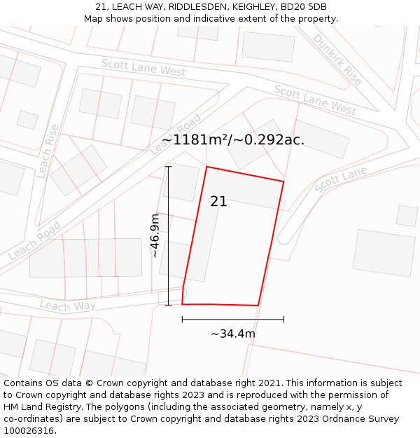 21, LEACH WAY, RIDDLESDEN, KEIGHLEY, BD20 5DB: Plot and title map