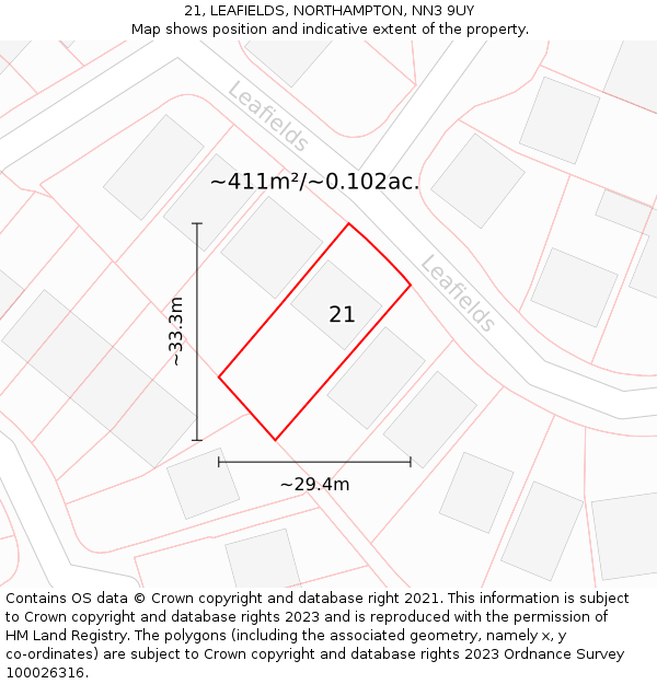 21, LEAFIELDS, NORTHAMPTON, NN3 9UY: Plot and title map