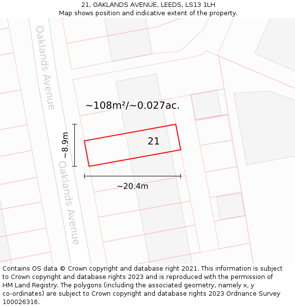21, OAKLANDS AVENUE, LEEDS, LS13 1LH: Plot and title map