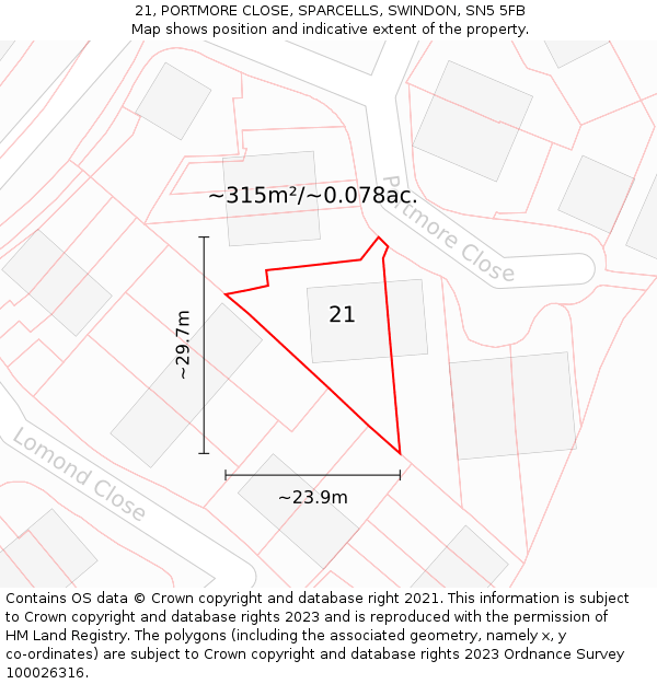 21, PORTMORE CLOSE, SPARCELLS, SWINDON, SN5 5FB: Plot and title map
