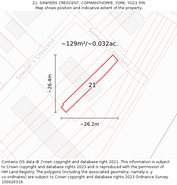 21, SAWYERS CRESCENT, COPMANTHORPE, YORK, YO23 3YA: Plot and title map