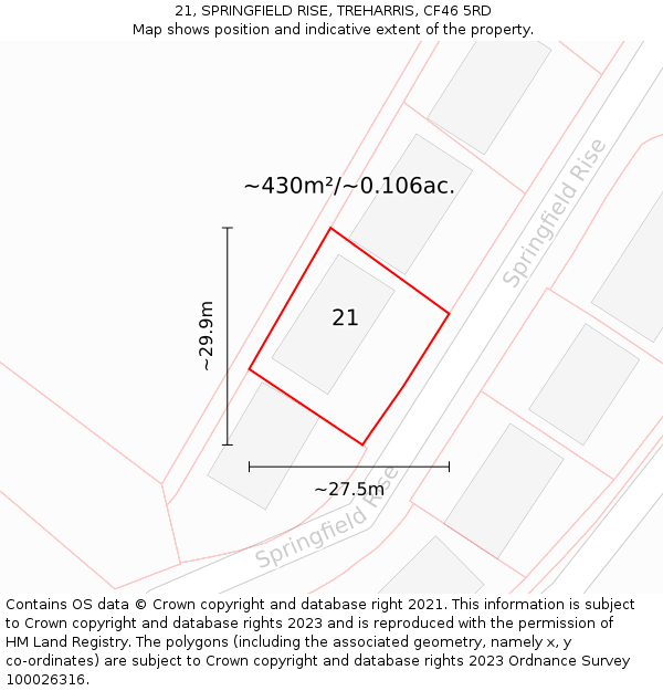 21, SPRINGFIELD RISE, TREHARRIS, CF46 5RD: Plot and title map