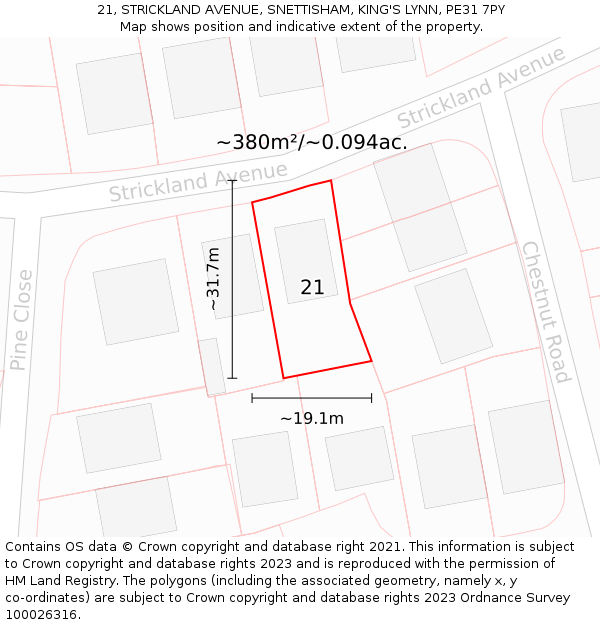 21, STRICKLAND AVENUE, SNETTISHAM, KING'S LYNN, PE31 7PY: Plot and title map