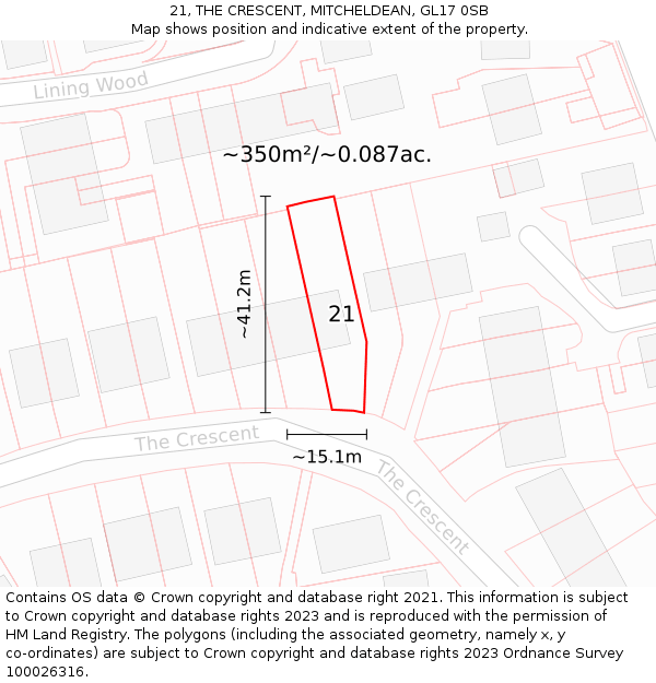 21, THE CRESCENT, MITCHELDEAN, GL17 0SB: Plot and title map