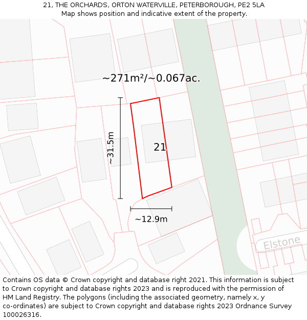 21, THE ORCHARDS, ORTON WATERVILLE, PETERBOROUGH, PE2 5LA: Plot and title map