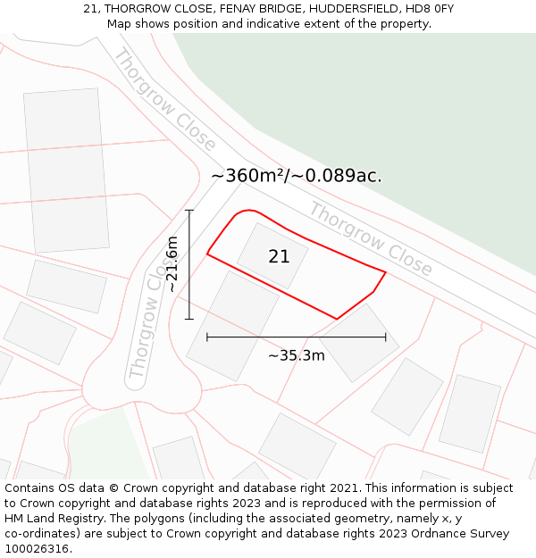 21, THORGROW CLOSE, FENAY BRIDGE, HUDDERSFIELD, HD8 0FY: Plot and title map