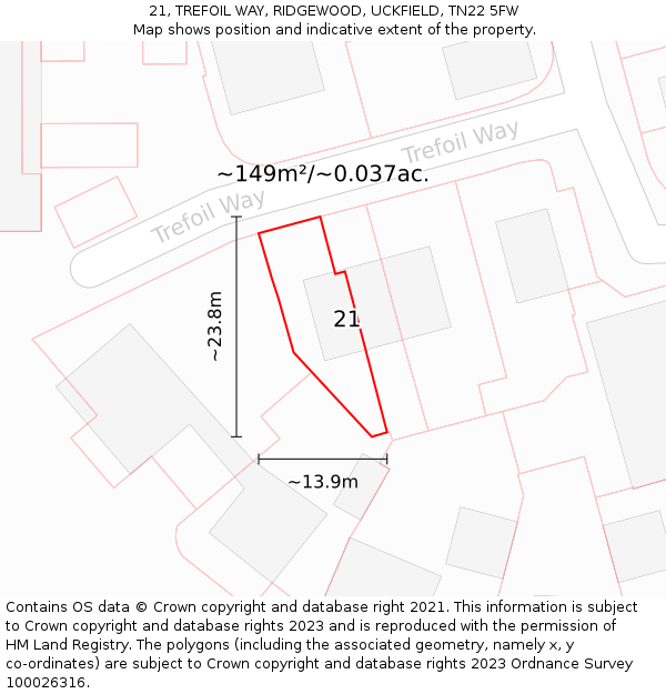 21, TREFOIL WAY, RIDGEWOOD, UCKFIELD, TN22 5FW: Plot and title map
