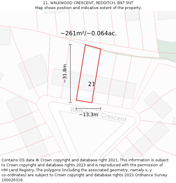 21, WALKWOOD CRESCENT, REDDITCH, B97 5NT: Plot and title map