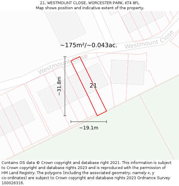 21, WESTMOUNT CLOSE, WORCESTER PARK, KT4 8FL: Plot and title map