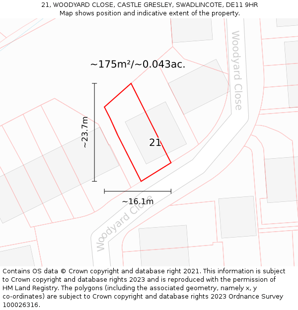 21, WOODYARD CLOSE, CASTLE GRESLEY, SWADLINCOTE, DE11 9HR: Plot and title map