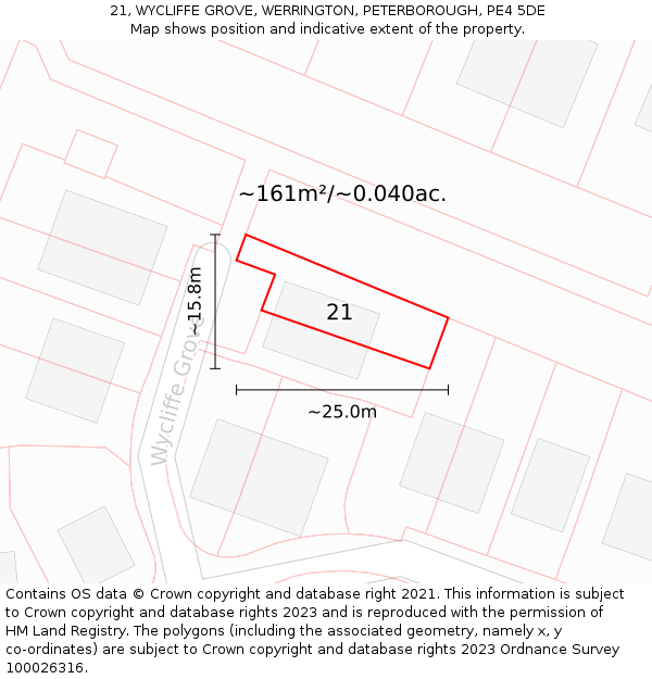 21, WYCLIFFE GROVE, WERRINGTON, PETERBOROUGH, PE4 5DE: Plot and title map