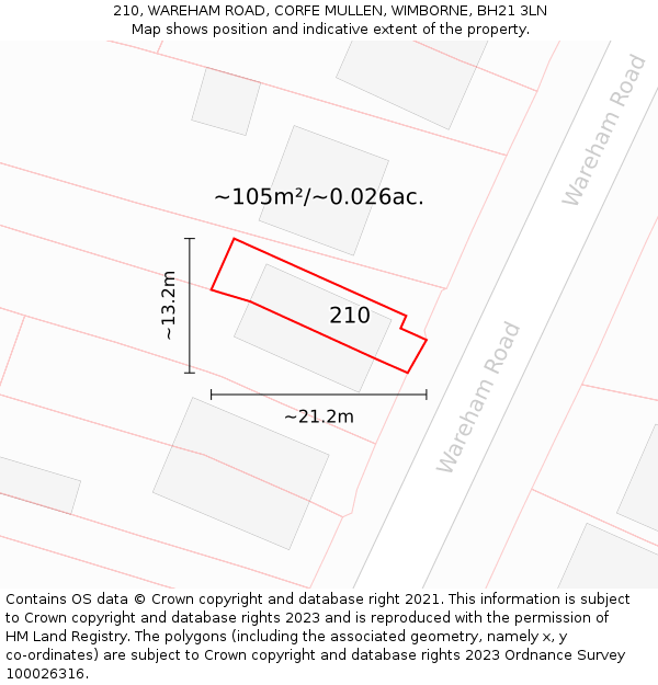 210, WAREHAM ROAD, CORFE MULLEN, WIMBORNE, BH21 3LN: Plot and title map