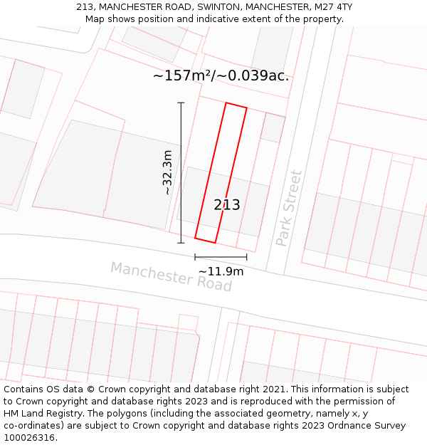 213, MANCHESTER ROAD, SWINTON, MANCHESTER, M27 4TY: Plot and title map