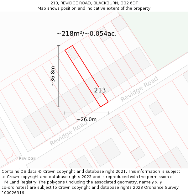 213, REVIDGE ROAD, BLACKBURN, BB2 6DT: Plot and title map