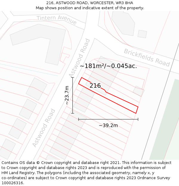 216, ASTWOOD ROAD, WORCESTER, WR3 8HA: Plot and title map