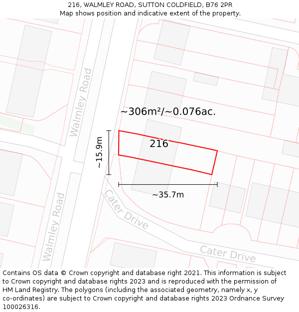 216, WALMLEY ROAD, SUTTON COLDFIELD, B76 2PR: Plot and title map