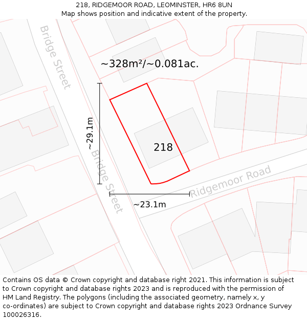 218, RIDGEMOOR ROAD, LEOMINSTER, HR6 8UN: Plot and title map