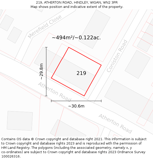 219, ATHERTON ROAD, HINDLEY, WIGAN, WN2 3PR: Plot and title map