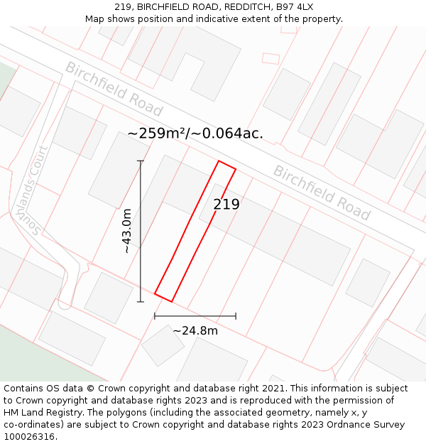 219, BIRCHFIELD ROAD, REDDITCH, B97 4LX: Plot and title map