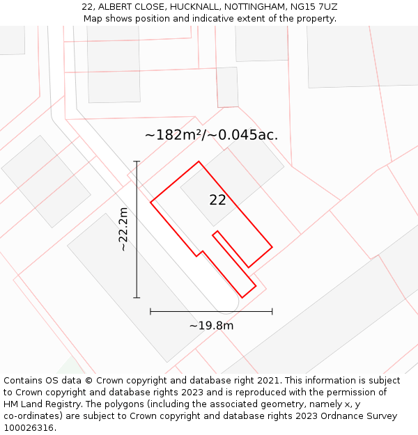 22, ALBERT CLOSE, HUCKNALL, NOTTINGHAM, NG15 7UZ: Plot and title map