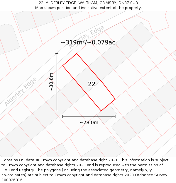 22, ALDERLEY EDGE, WALTHAM, GRIMSBY, DN37 0UR: Plot and title map