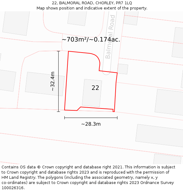 22, BALMORAL ROAD, CHORLEY, PR7 1LQ: Plot and title map