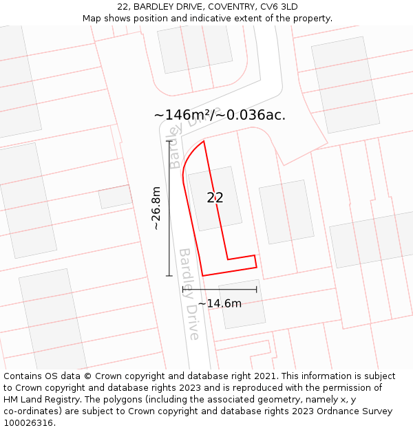 22, BARDLEY DRIVE, COVENTRY, CV6 3LD: Plot and title map