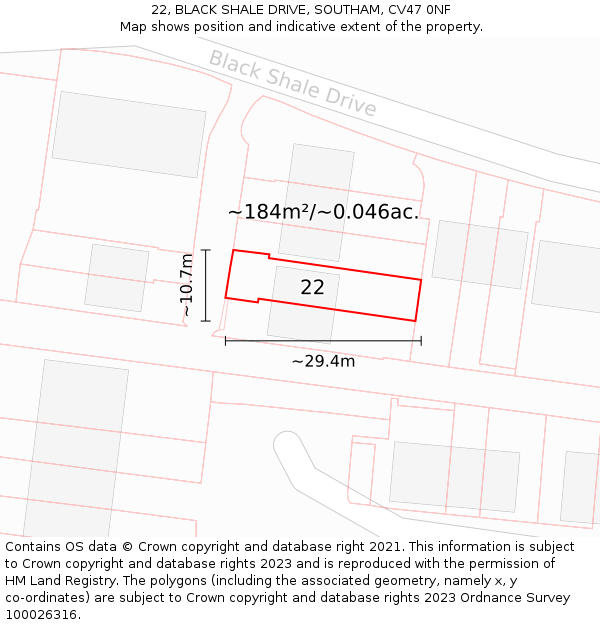22, BLACK SHALE DRIVE, SOUTHAM, CV47 0NF: Plot and title map