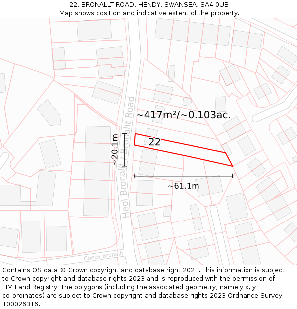 22, BRONALLT ROAD, HENDY, SWANSEA, SA4 0UB: Plot and title map