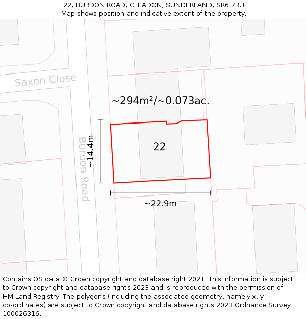 22, BURDON ROAD, CLEADON, SUNDERLAND, SR6 7RU: Plot and title map