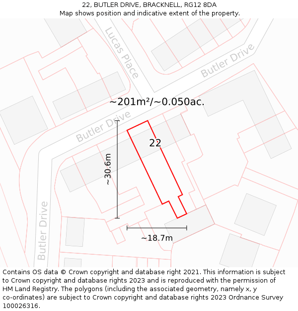 22, BUTLER DRIVE, BRACKNELL, RG12 8DA: Plot and title map