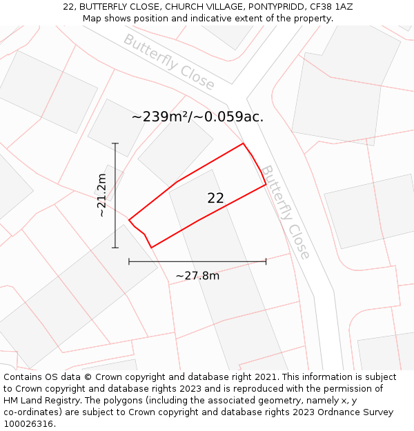 22, BUTTERFLY CLOSE, CHURCH VILLAGE, PONTYPRIDD, CF38 1AZ: Plot and title map