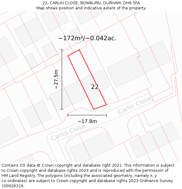 22, CARLIN CLOSE, BOWBURN, DURHAM, DH6 5FA: Plot and title map
